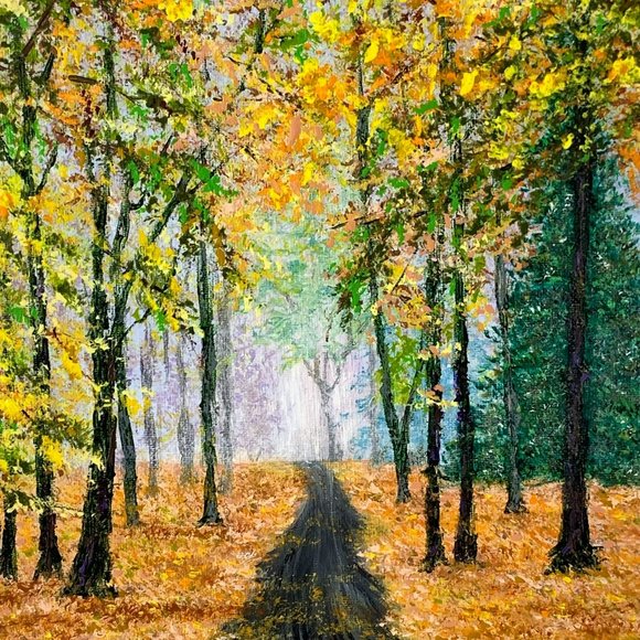 Falling into Autumn, 9 x 12 Acrylic Painting, Fall Theme Landscape Artwork - Picture 2 of 5